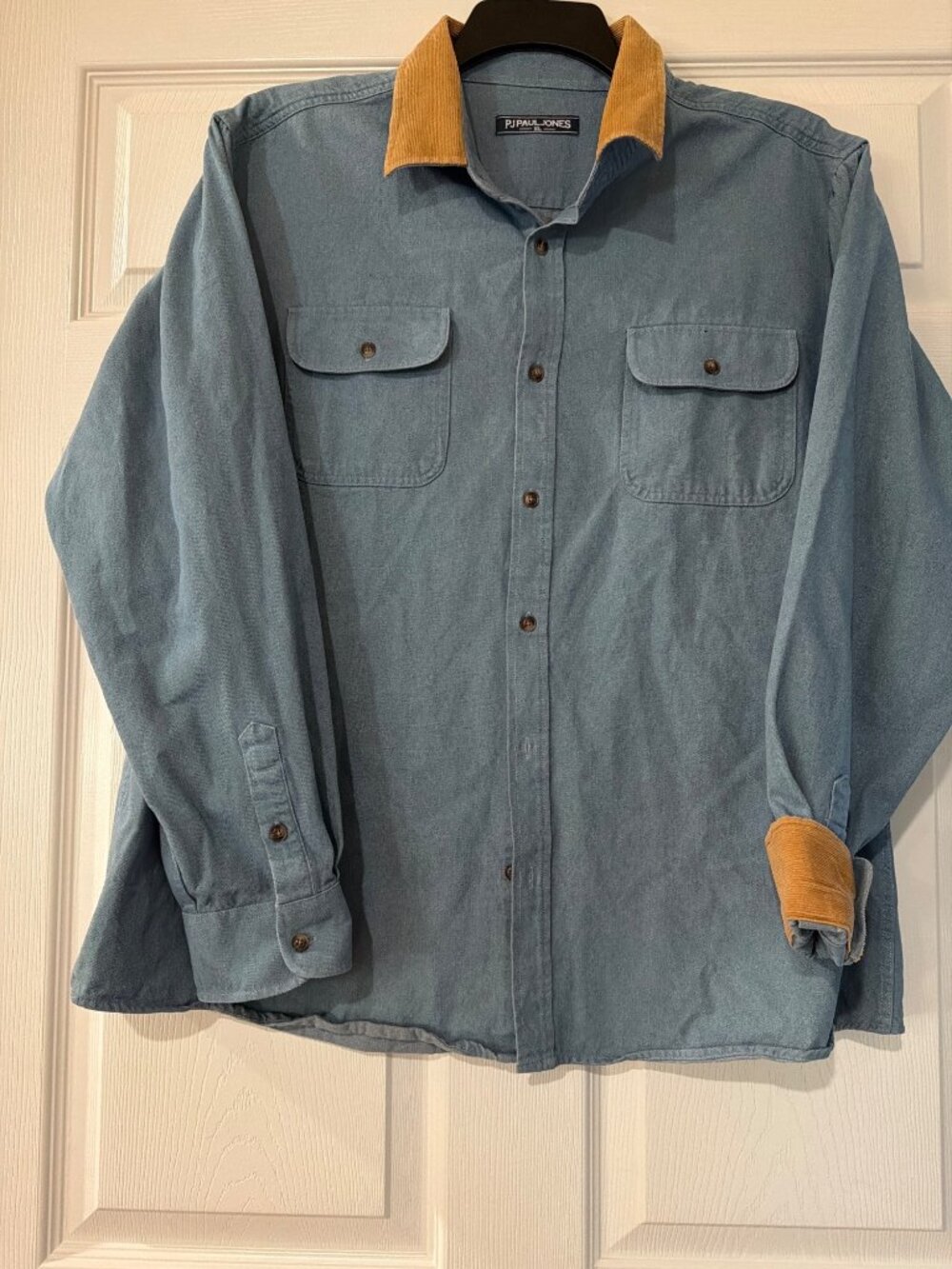 PJ Paul Jones Mens Blue Button-Up Shirt With Tan Corduroy Collar Size XL